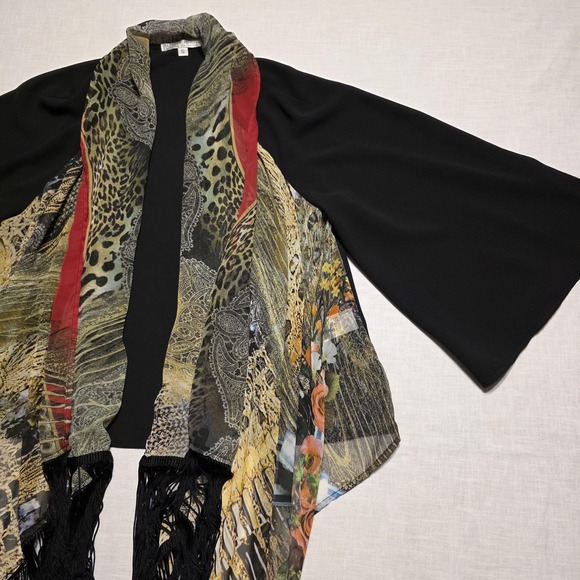 Vtg 90s Alberto Makali Kimono Cardigan Womens Small Leopard Floral Fringe Whimsi - Picture 2 of 9